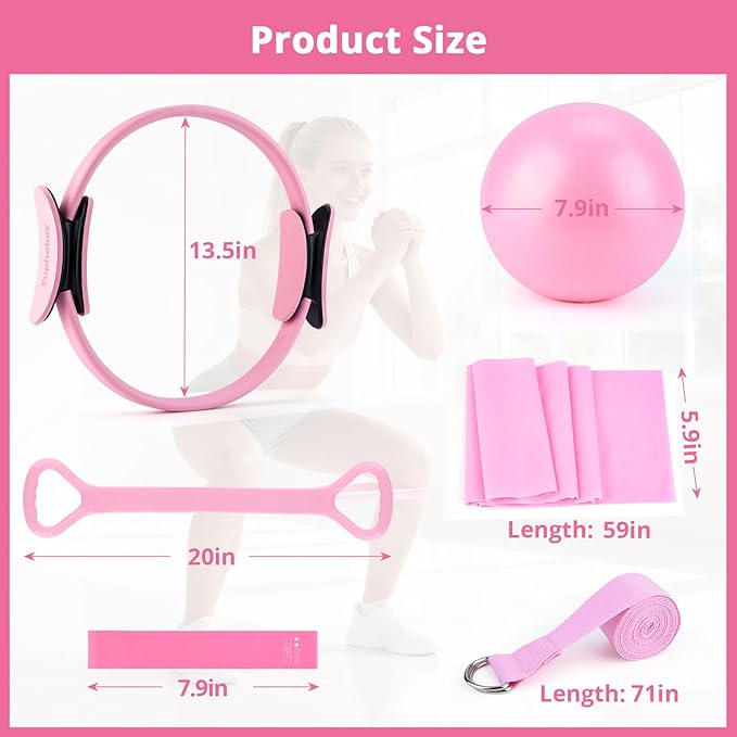 Pilates Essentials Kit for Women, Home Workout Pilates Kit with Ring, Mini Ball, Resistance Bands, Yoga Strap & More | Beginner Pilates Starter Kit for Toning, Strength & Flexibility