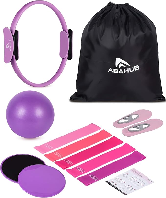 Abahub Pilates Ring Set, Home Workout Pilates Equipment, 14”Magic Circle, Yoga Ball, Resistance Bands, Sliding Disks, Socks, Fascial Ball, Workout Guide & Bag, Blue Set