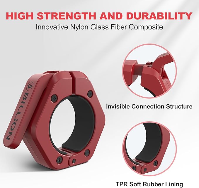 Olympic Barbell Clamps 2 inch Barbell Clips (Pair) Barbell Collars for Secure Weightlifting Quick Release Weight Clips for Bars with Anti-Slip TPR Lining at Home or Gym Clips (Red)