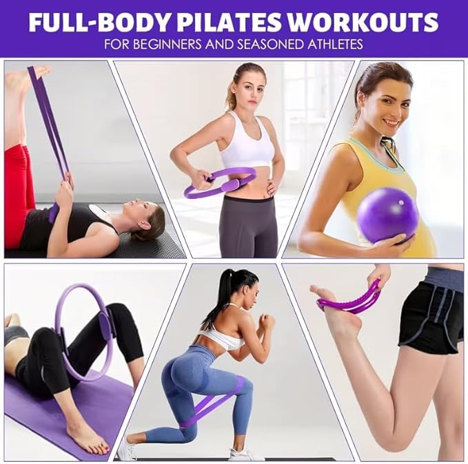 Pilates Ring Set 15PCS Pilates Equipment Set with Adjustable Ankle Wrist Weights,Yoga Ball,Figure 8 Resistance Band,Tape Measure,Pilates Bands & Accessories,Pilates Ring and Ball Set (Purple)