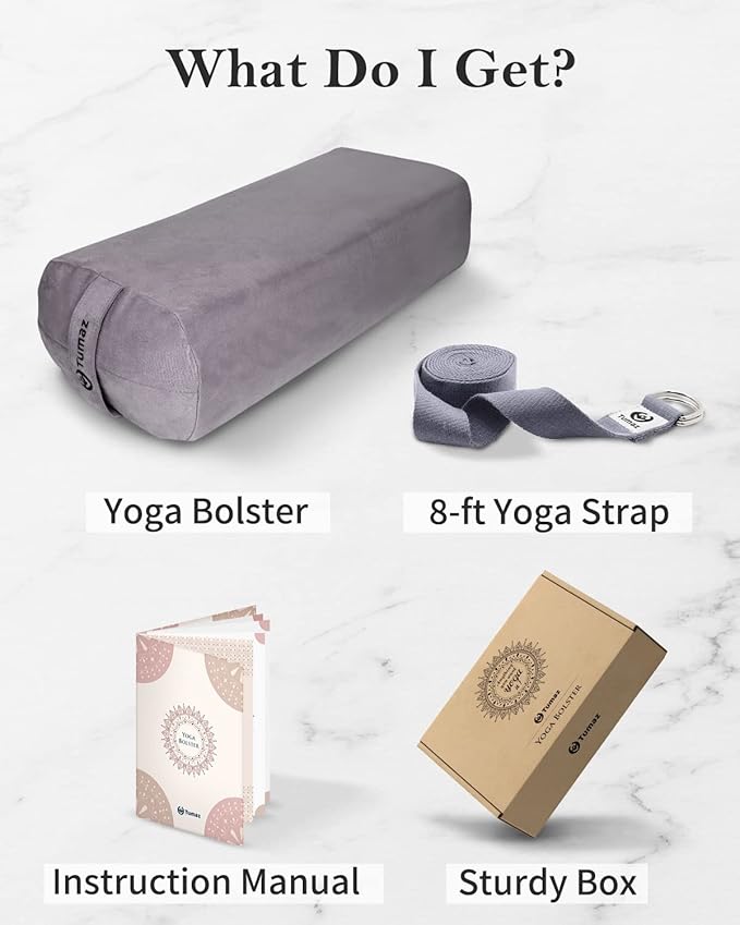 Tumaz Yoga Bolster Set - Rectangular Bolster Pillow for Restorative Yoga, Soft Meditation Pillow with Carry Handle and 8-Feet Strap, Machine Washable Cover