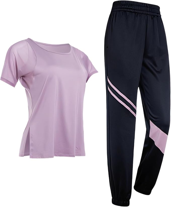 Black Pilates Set With Short Sleeve Top And Pants, Xxl, Elastic Waistband, Breathable Polyester-Spandex Fabric