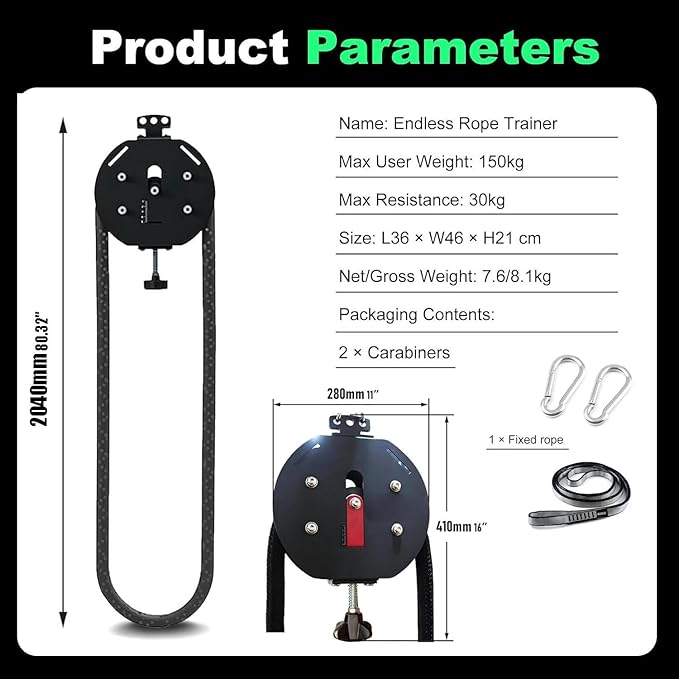 Resistance Trainer Machine, Endless Rope Trainer, 30KG/66LBS Max Adjustable Resistance, Suspension Endless Rope Pulley System, 4m Closed-Loop Nylon Rope, for Interval Resistance Training Black