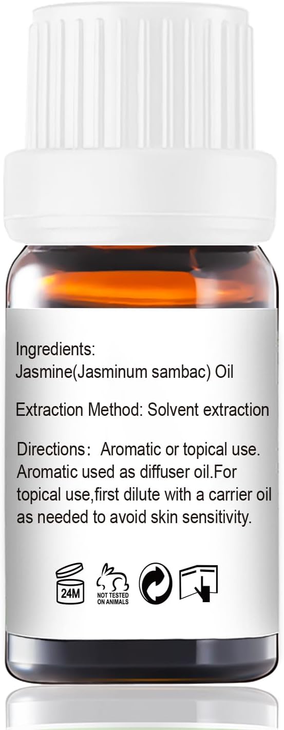 Jasmine Essential Oil - Pure Organic Jasmine Oil for Skin, Hair, Diffuser, Spray, Roll On, Body, Massage - Floral Scent, 10mL
