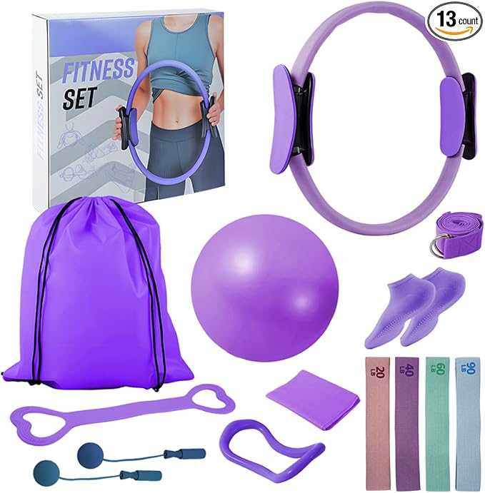 Pilates Essentials Kit for Women, Home Pilates Kit with 12.9" Ring and 9.8" Mini Ball, 4 Fabric Loop Bands, Figure-8 Band, Stretch Strap, Jump Rope, Carry Bag