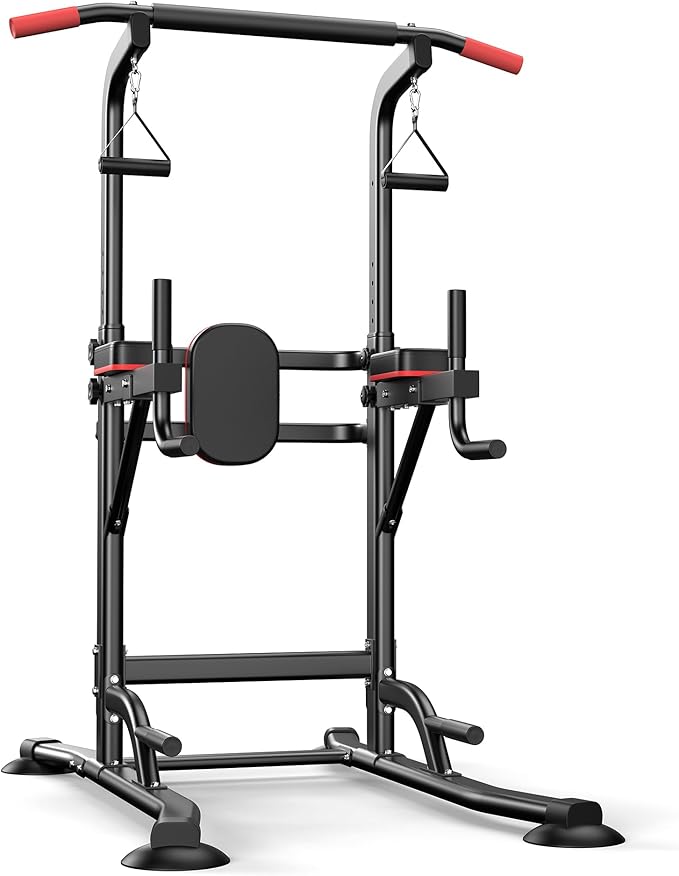 Power Tower Pull Up Bar Free standing with Resistance Bands, 350LBS Heavy Duty Alloy Steel Dip Station for Home Gym Strength Training, Adjustable Height Workout Equipment