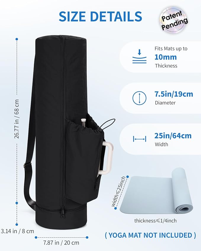 sportsnew Puffy Yoga Mat Bag Yoga Gym Bags for Women Men, Full-Zip Pilates Bag with Wet Pocket & Side Zip Drawstring Pocket Fits Tumblers with Handle, Yoga Mat Storage for Carrier Quick Access