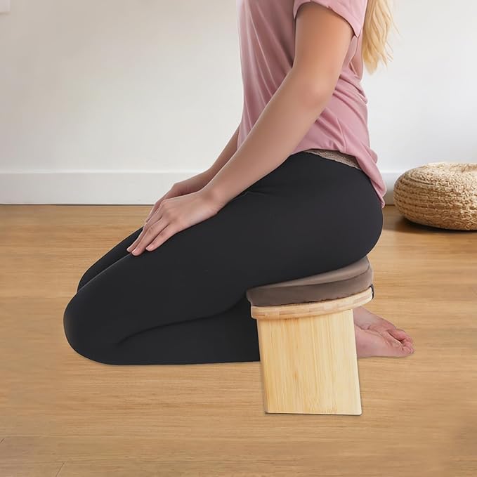Bamboo Meditation Bench,Portable Bamboo Meditation Stool with Meditation Cushion, Foldable & 5°Ergonomic Tilt Kneeling Meditation Yoga Stool-396.83lbs Max. Load Capacity (Brown)