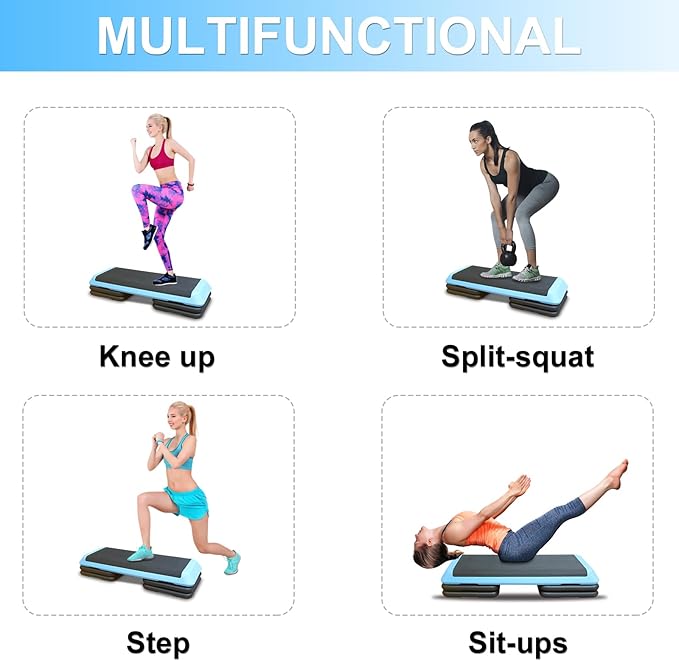 43'' Exercise Aerobic Step Platform, Adjustable Height 4-6-8in Exercise Stepper Workout with 4 Detachable Risers, Aerobics Stepper Workout Stepper for Home Gym Cardio Strength & Training