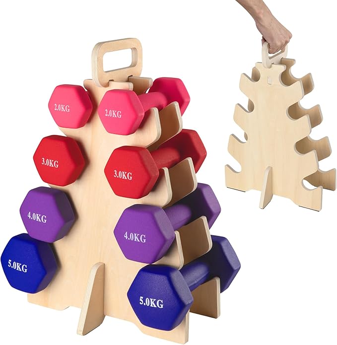Wooden Dumbbell Rack Stand(Dumbbells Not Included),Small Dumbbell rack Compact Weight Storage with Handle for Home Gym – Supports Strength Training