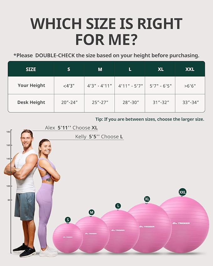 Trideer Exercise Ball for Yoga, Pilates & Fitness – Stability Ball Equipment for Home Gym & Office Chair, Core & Balance Training Accessories, Physical Therapy Equipment, Quick Pump Included, 5 Sizes