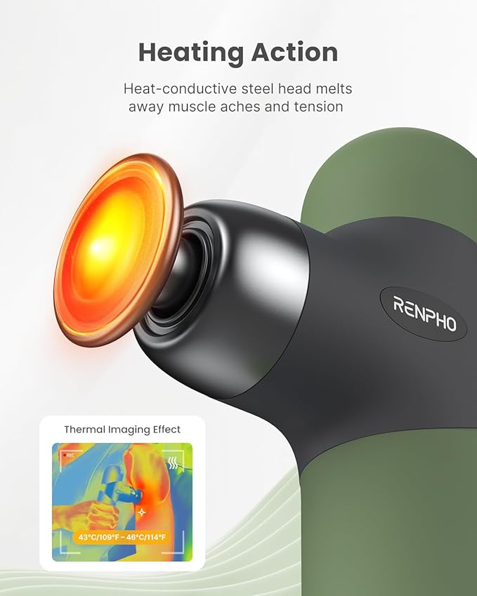 RENPHO Mini Thermal Massage Gun with Heat, Portable Deep Tissue Percussion Massager with 4 Heads for Neck & Back Comfort, Ultra-Quiet Operation for Home, Office & Travel, Includes Compact Carry Case