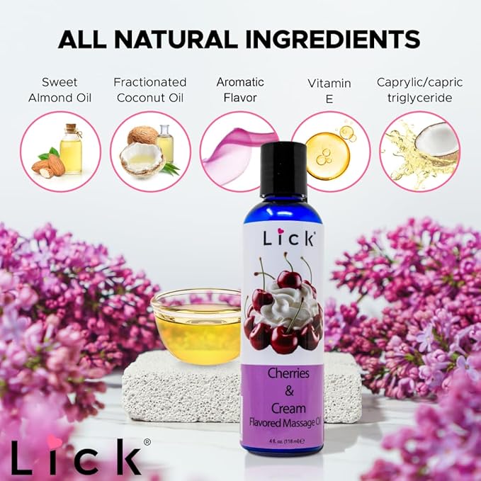 Lick Cherries and Cream Indulgence Flavored Massage Oil – Romantic, Sweet, Non-Sticky, Couples, 4 oz