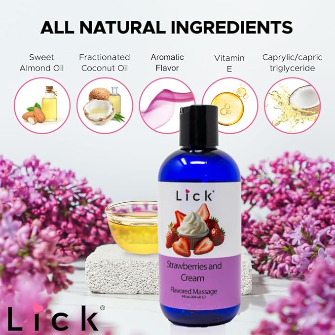 Lick Strawberries and Cream Flavored Massage Oil – 8 oz Edible Body Oil for Couples, Lightweight Formula for Glowing Skin