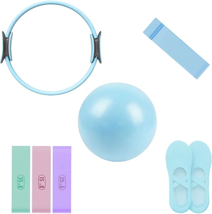 Pilates Ring Set, 14" Magic Circle, Long & Loop Resistance Bands, Soft Pilates Ball, Grip Socks,Puller, Home Workout Equipment for Women & Beginners to Tone, Flexibility & Core Strength