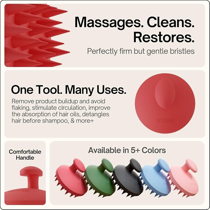 SXNSE - Revive Silicone Scalp Massager, Cherry - Manual Hair & Scalp Scrubber for Dandruff, Buildup, Itch, & Hair Growth - Soft Exfoliating Silicone Bristles for Wet & Dry Hair, Flake-Free Finish