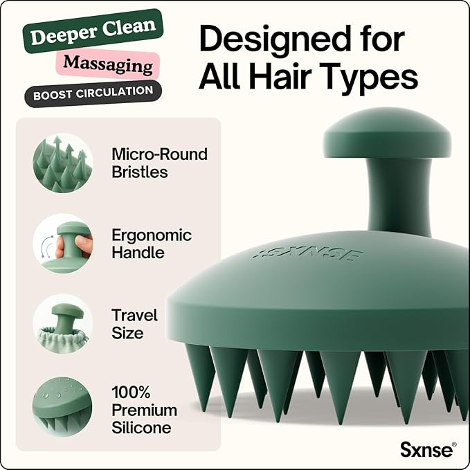 SXNSE - Revive Silicone Scalp Massager, Forest - Manual Hair & Scalp Scrubber for Dandruff, Buildup, Itch, & Hair Growth - Soft Exfoliating Silicone Bristles for Wet & Dry Hair, Flake-Free Finish