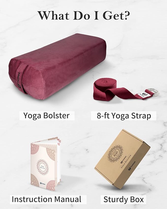 Tumaz Yoga Bolster Set - Rectangular Bolster Pillow for Restorative Yoga, Soft Meditation Pillow with Carry Handle and 8-Feet Strap, Machine Washable Cover