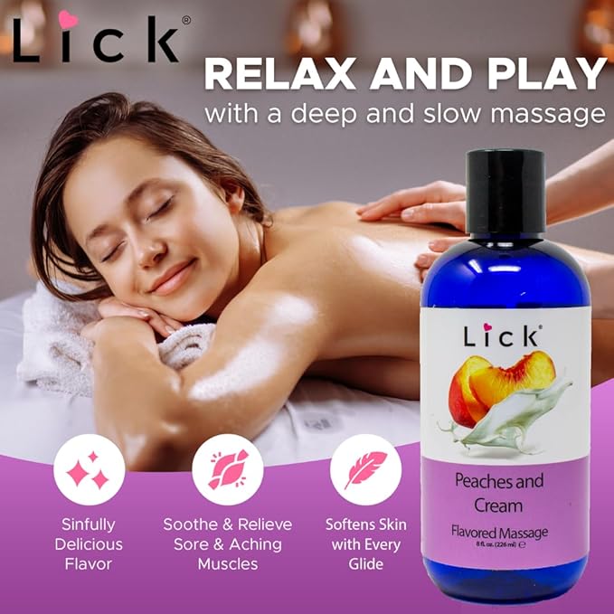 Lick Peaches and Cream Flavored Massage Oil – Sweet Dessert-Inspired Edible Massage Oil with Vitamin E, Smooth Body-Safe Glide for Couples Massage Nights, 8 oz