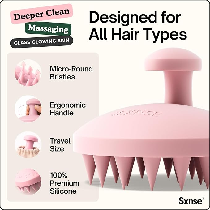 SXNSE - Revive Silicone Scalp Massager, Rose - Manual Hair & Scalp Scrubber for Dandruff, Buildup, Itch, & Hair Growth - Soft Exfoliating Silicone Bristles for Wet & Dry Hair, Flake-Free Finish