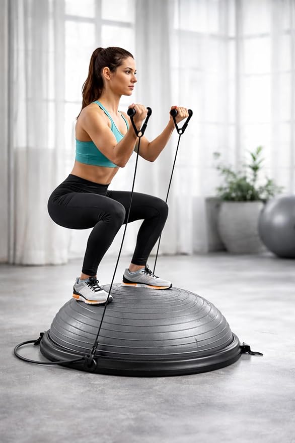 Balance Ball Trainer with Resistance Bands and Foot Pump, Inflatable Yoga Ball for Home Gym Workouts, 23 Inch Exercise Half Ball for Balance Training Core Strength Fitness More, 330lb Cap