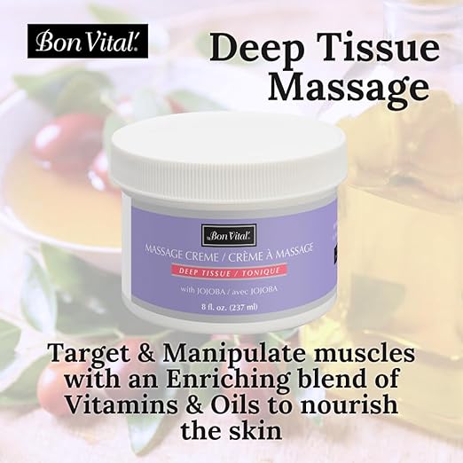 Bon Vital' Deep Tissue Massage Creme, 8 Oz Jar, Lightweight Non-Greasy Formula for All Skin Types, Ideal for Deep Muscle Manipulation, Hydrating Massage Lotion for Spa and Home Use
