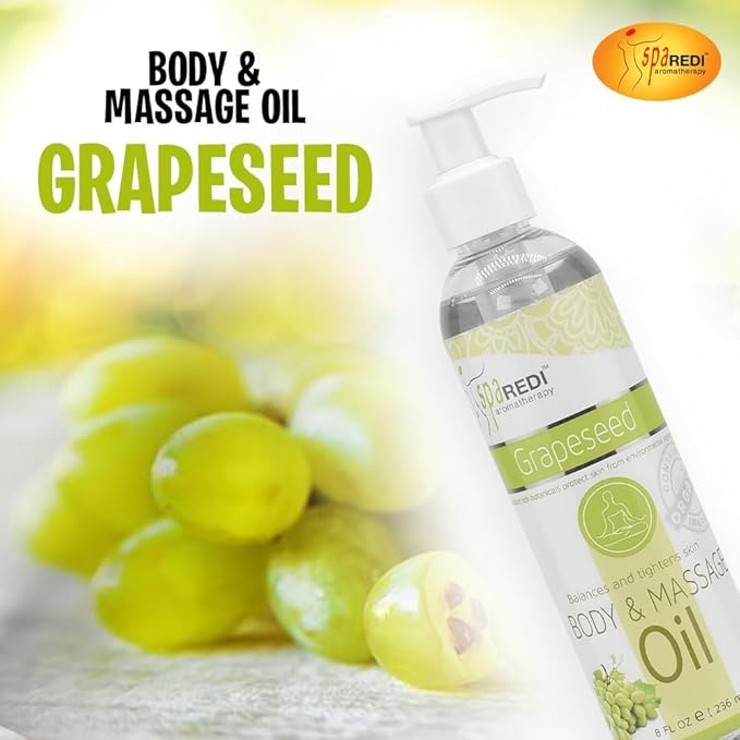SPA REDI - Massage Oil, Grapeseed, 8 Oz - Professional Full Body Massage Therapy, Manicure, Pedicure - Relax Sore Muscles and Repair Dry Skin, Enhanced with High Absorption Oils and Vitamin E