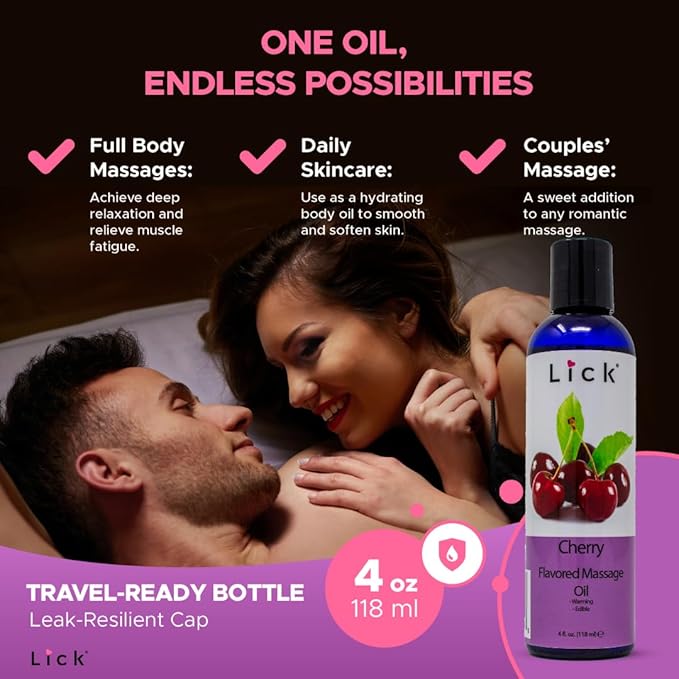 Lick Cherry Flavored Massage Oil – Bold Fruit Edible Massage Oil with Vitamin E, Rich Smooth Body-Safe Glide for Romantic Couples Massage Experiences, 4 oz