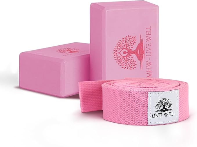 Live Well Starter Kit for Beginners – 2 EVA Foam Yoga Blocks (3x6x9 in) + 8ft Pink Yoga Strap with Loops – Yoga Accessories for Stretching, Balance, Alignment & Flexibility