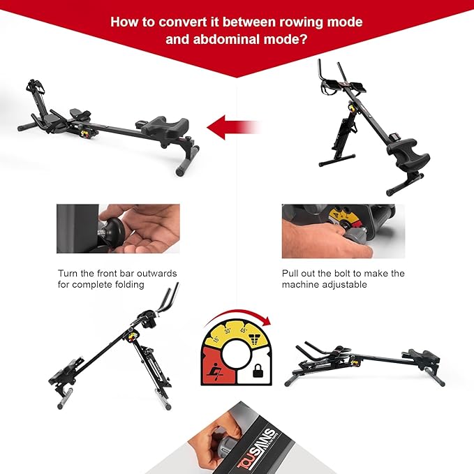 Tousains 3 in 1 Foldable Rowing Machine, AB Machine with 3 Level Angle & Led Monitor, Multi-Functional Rower Fitness Equipment Home Gym Full Body Fitness Machine