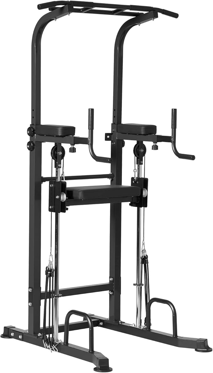 Dland Power Tower Dip Station Pull Up Bar Exercise Tower, Multifunctional Adjustable Height Training Equipment for Home Gym, Free Standing Assisted Fitness Workout Pullup Rack Station Machine