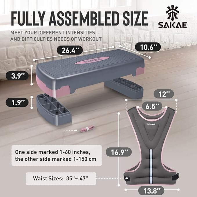 SAKAE Aerobics Step Platform Set with Weighted Vest & Measuring Tape, Adjustable Height 2 Level Risers Workout Step Trainer with Non-Slip Surface, Step Platform for Home Exercise, Multiple Colors