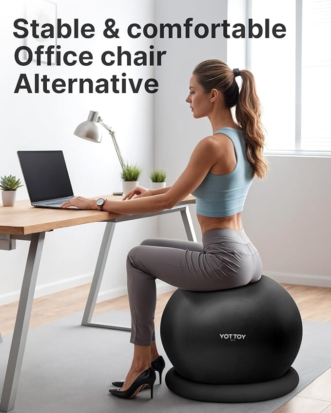 YOTTOY Exercise Ball Chair with Base,Yoga Ball Chair for Home Office Desk, Stability Ball & Fitness Ball Seat with Pump (Black, 23-26ines(58-65cm))