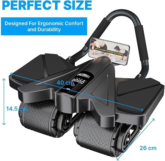 Ab Roller Home Gym Equipment – 4 Wheels Ab Wheel Muscle Roller with LCD Screen, 5Pcs Resistance Bands, Ankle Straps, Door Anchor, Handles, Travel Bag – Comfortable Elbow Support with Non-Slip Handles