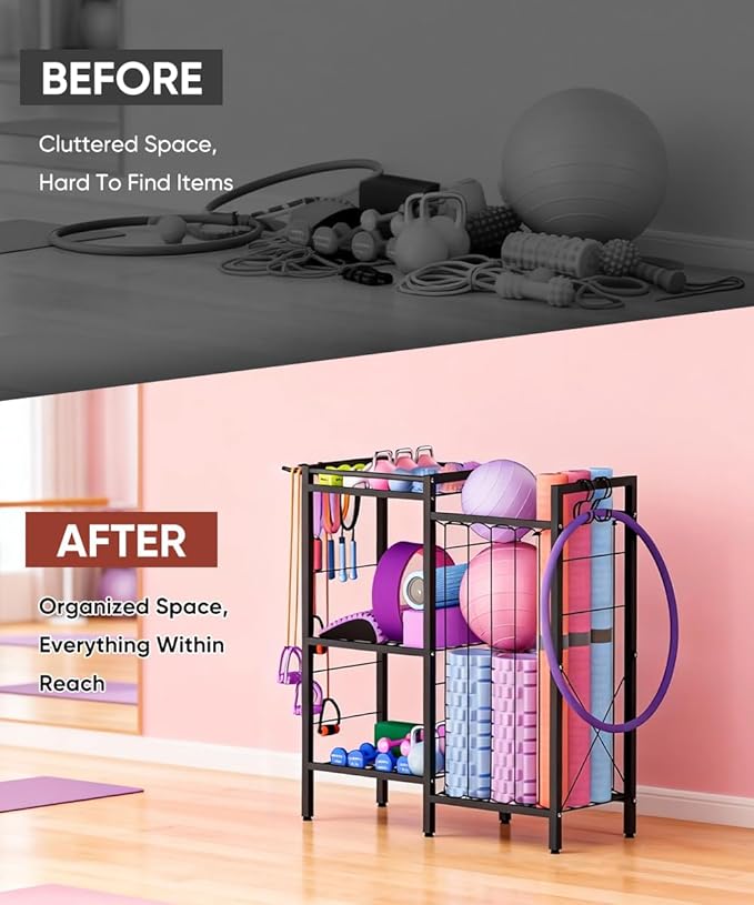 3 Tiers Dumbbells Yoga Mat Storage Rack with Elastic Straps for Kettlebells Foam Roller Resistance Bands Balls, Workout Equipment Organizer Weight Storage Holder with Hooks for Home Gym