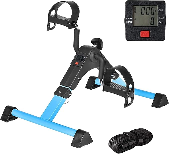 Pedal Exerciser Under Desk Bike with LCD Monitor Resistance for Seniors, Stationary Foldable Mini Exercise Bike Pedals Peddler Exerciser for Arms and Legs for Office or Home (Blue)