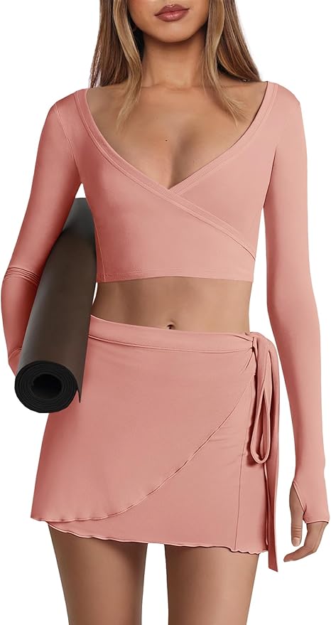 Nirovien Womens 2 Piece Workout Sets Sexy Pilates Outfits Athletic Gym Yoga Sets Ballet Wrap Top and Skirt