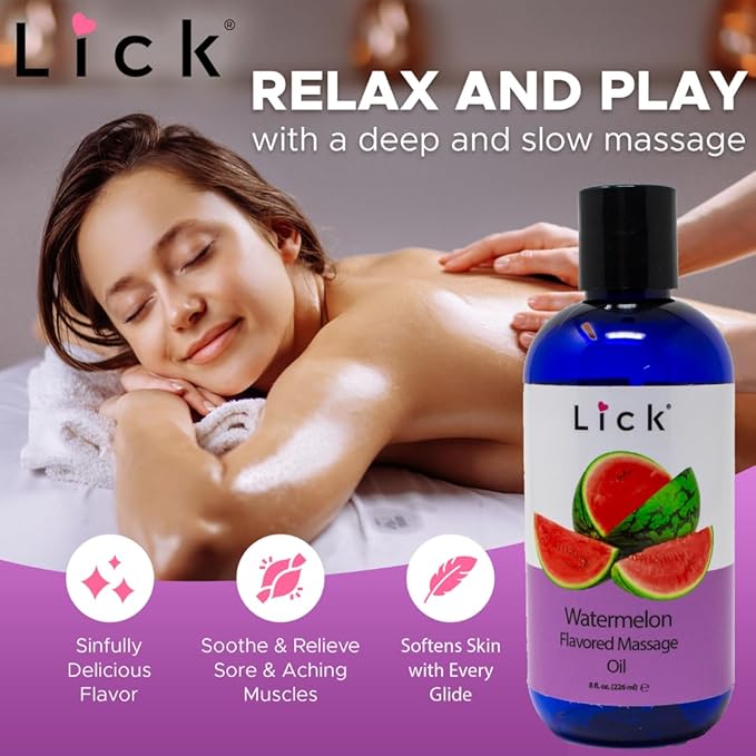 Lick Watermelon Flavored Massage Oil – Fresh Fruity Edible Massage Oil with Vitamin E, Smooth Non-Sticky Glide for Playful Couples Massage & Date Nights, 8 oz