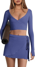 Nirovien Womens 2 Piece Workout Sets Sexy Pilates Outfits Athletic Gym Yoga Sets Ballet Wrap Top and Skirt