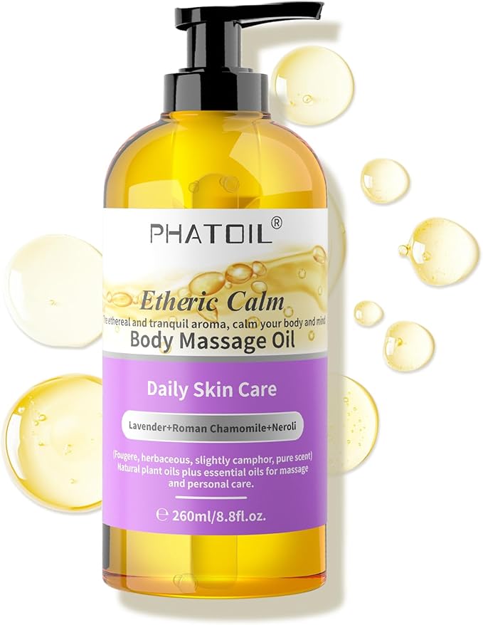 PHATOIL Etheric Calm Body Massage Oil 260 ml (8.8 fl.oz), Blends of Natural Plant Oils & Lavender Oil, Roman Chamomile and Neroli Essential Oil for Massage Skin Care, Body Oils for Women and Men
