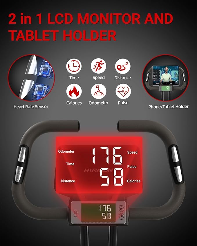 HARISON Folding Exercise Bike 350 LBS Capacity, 5 in 1 Bluetooth Stationary Bikes for Home with 16-Level Resistance and Arm Resistance Bands, Magnetic X-Bike with LCD Monitor & Back Support