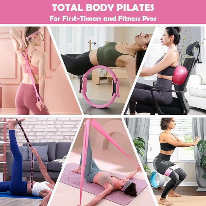 Pilates Ring Set with 14-Inch Magic Circle, Exercise Ball & 6 Resistance Bands - Complete Home Workout Equipment for Core Strength, Toning and Flexibility - Ideal Fitness Gift for Women and Men