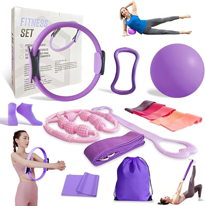 Home Workout Pilates Kit for Women, Better me Pilates Ring and Ball Set Essentials Equipment, with 5 Resistance Bands, Massager Roller, Yoga Starter Accessories for Toning Arms, Thighs & Core
