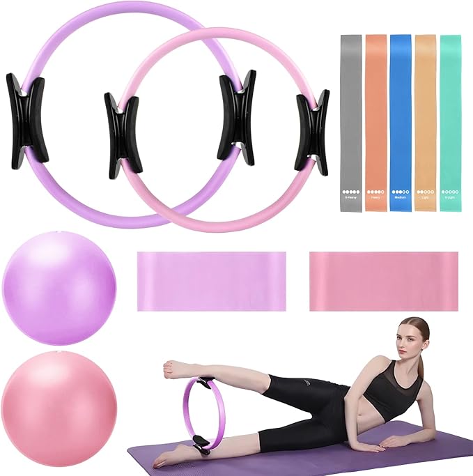 TOPZGLEEY Pilates Ring and Ball Set with Resistance Bands - Pilates Equipment for Home Workout - 14'' & 12'' Pilates Rings, 2 Pilates Balls, 5 Resistance Bands,Guide