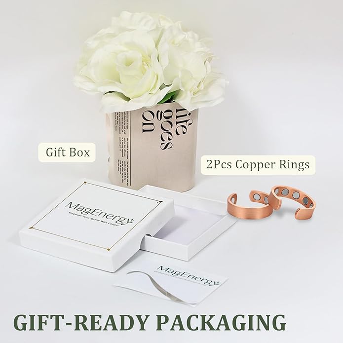 MagEnergy 2PCS Copper Rings for Men & Women, 99.9% Pure Copper Magnetic Adjustable Thumb Ring with Strong Magnet, Jewelry Gift with Present Box