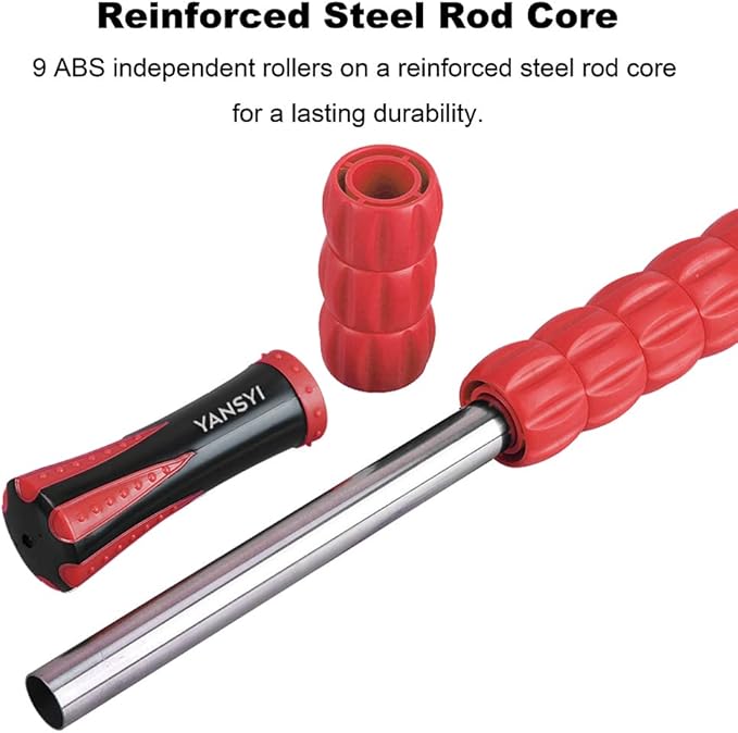 YANSYI Professional 9-Roller Muscle Recovery Stick - Deep Tissue Portable Massage Roller for Athletes, Relieves Muscle Soreness, Back & Leg Pain - Post-Workout Physio Tool (Red)