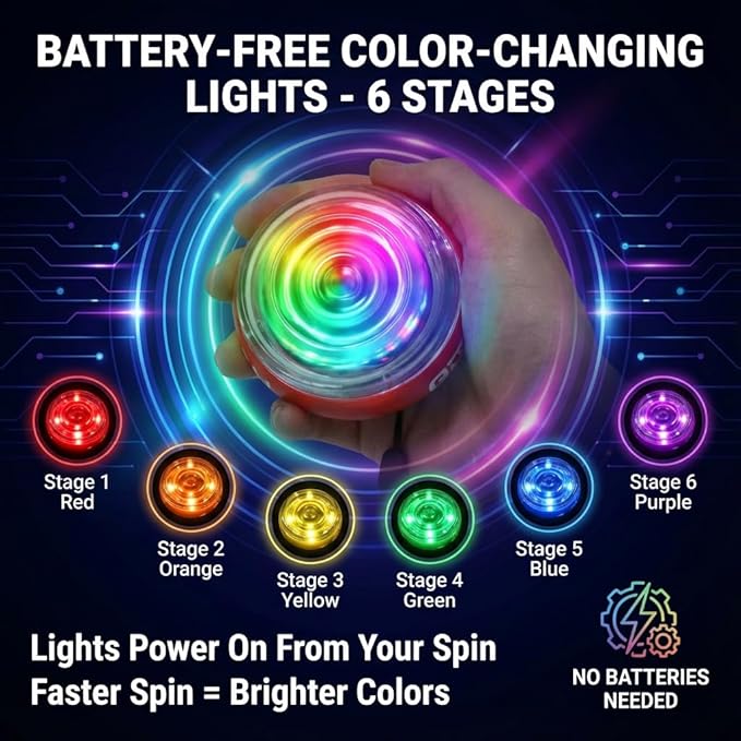 Wrist Ball, Gyro Ball Wrsit Exceciser, Battery-Free 6-Stage Color-Changing LED Gyro Ball, Torque Ball, Forearm & Grip Strength Trainer for Muscle Recovery, Stress Relief & Office Workers