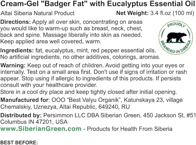 Cream-Gel “Badger Fat” Siberian Warming with Eucalyptus, Mint Essential Oils, Red Pepper 100ml