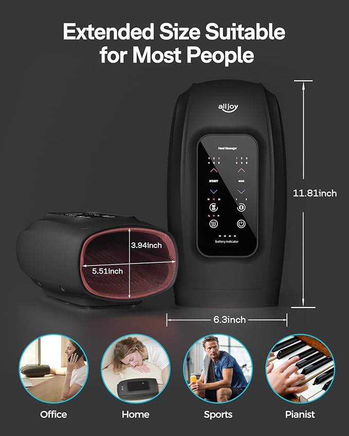 ALLJOY Hand Massager for Arthritis and Carpal Tunnel Relief, Touchscreen Cordless Hand Massager with Vibration and Heat, 6 Levels Pressure Point Therapy, Gifts for Women/Men