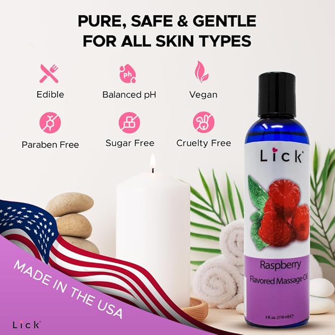 Lick Raspberry Flavored Massage Oil – Bright Berry Edible Massage Oil with Sweet Almond Oil & Vitamin E, Smooth Body-Safe Glide for Couples Massage, 4 oz